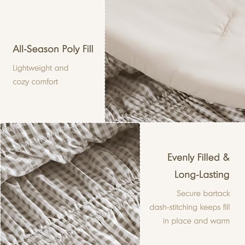 Image of Intelligent Design Ruched Shabby Chic Brown Twin XL Comforter Set, 2pc | Girls Dorm Gingham Bedding Set, French Country, All Season Down Alternative, Cozy, Machine Washable, Lightweight, Breathable