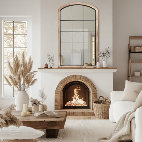 Arch Window Mirror, 30X48 Farmhouse Wall Mirror, Wood Framed Rustic With Metal Inner Frame, Decorative for Entryway & Living Room, Natural - Image 3