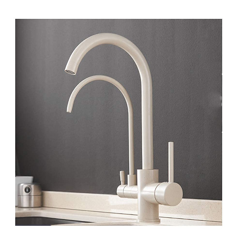 MXXQRHF Brass Kitchen Sink Faucet with 360° Rotation Double Handle & Spout Water Purification Feature Beige Color with Dots – Stylish & Functional Mixer Tap