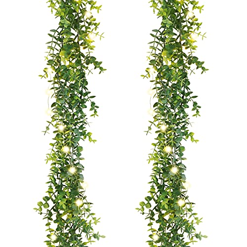 Artflower 2 Pack Artificial Eucalyptus Garland, 6Ft/pcs Faux Eucalyptus Vines Greenery Garland Fake Hanging Eucalyptus Leaves Plant with LED Light String Wedding Backdrop Arch Wall Decor, Grey Green