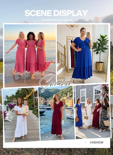 Image of VIISHOW Women's Short Sleeve Maxi Dress 2026 Summer V Neck Knit Loose Plain Empire Waist Casual Dresses with Pockets
