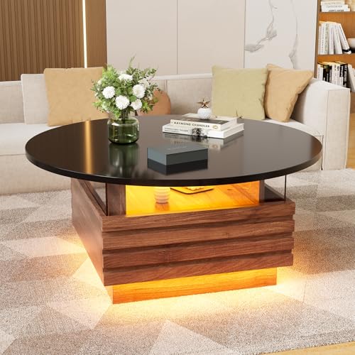 Table Basse Salon avec LED et 2 Tiroirs de Rangement Ronde Table Centrale Moderne Table à Café Rond Table d'Appoint Salon Table Basse pour Chambre Maison...
