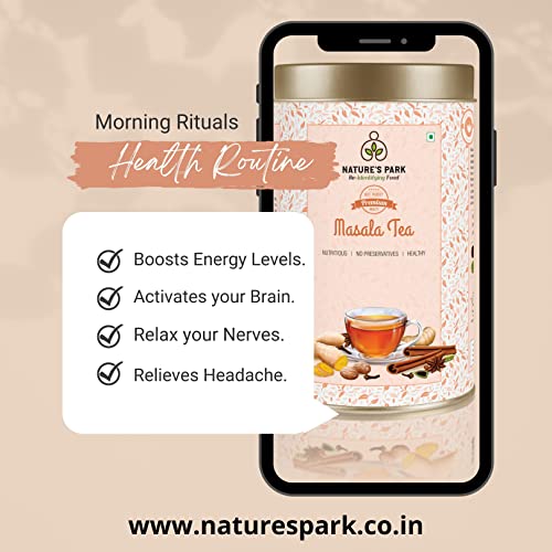 Image of Nature's Park Masala Tea - 100g - Kadak CTC Chai with Cardamom, Black Pepper, Ginger, Cinnamon, Cloves, Strong Indian Spices - Made with 100% Natural Whole Loose Leaf - Boosts Immunity & Stress Relief