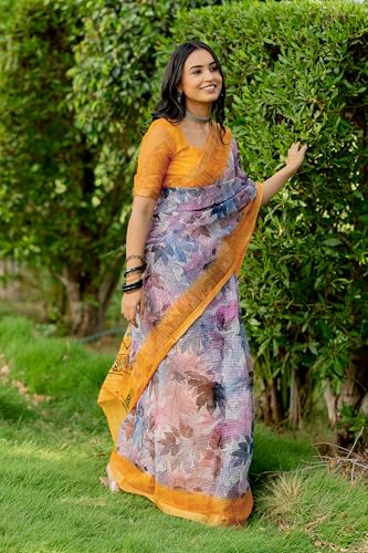Image of MIRCHI FASHION Kota Doria Cotton Saree with Blouse Piece | Leaf Floral Printed Saree for Women | Traditional Ethnic Daily Wear Summer Saree