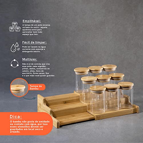 KIT 9 POTES HERMÉTICO 200ML COM TAMPA DE BAMBU E RACK ORGANIZADOR DE BAMBU - OIKOS