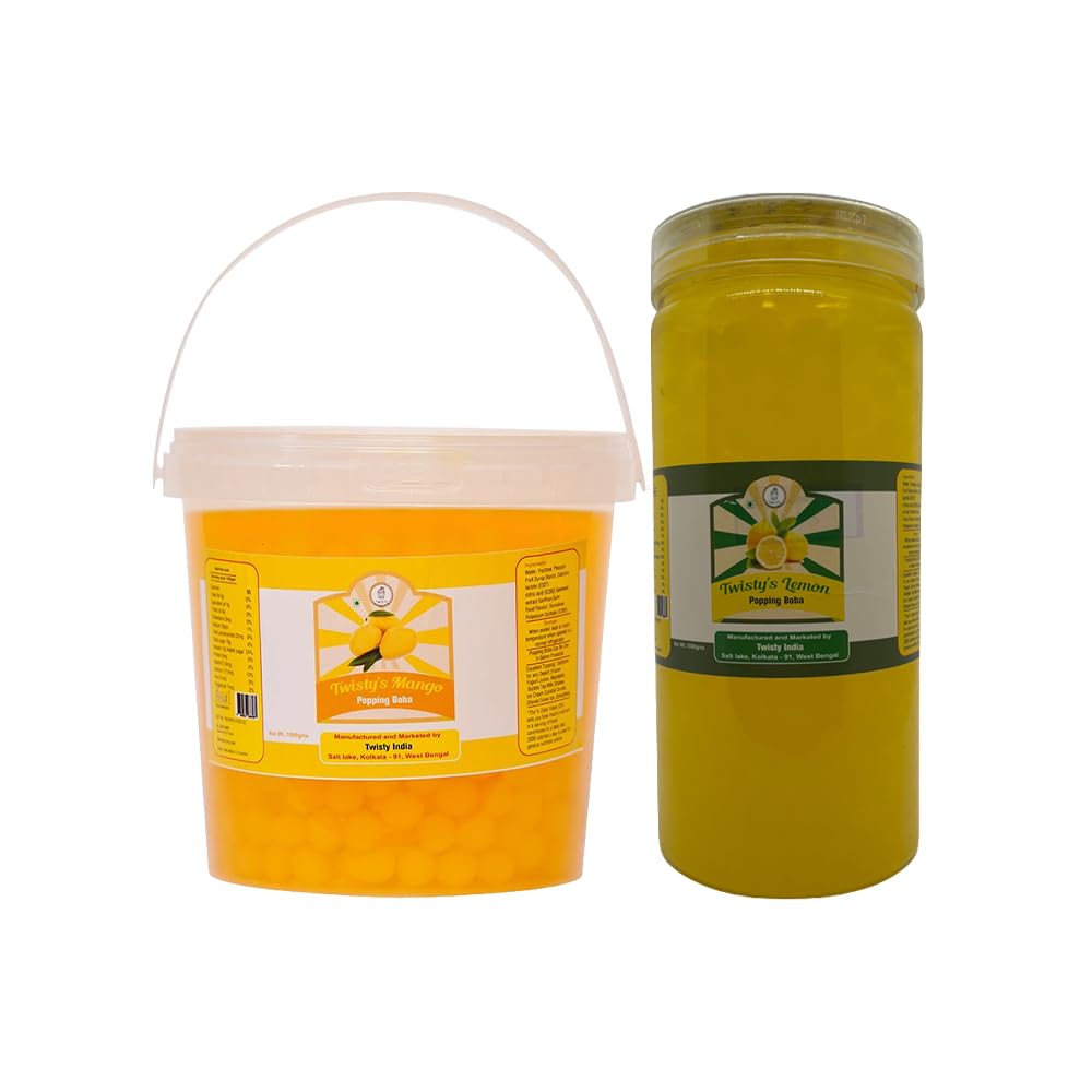 Twisty The Boba Station® Boba Combo Pack of 2 | Popping Boba Mango & Lemon Flavors 1 Kg Each for Bubble Tea, Milkshakes, Ice Cream & Yogurt | Vegan, 20 Straws Included-image-20