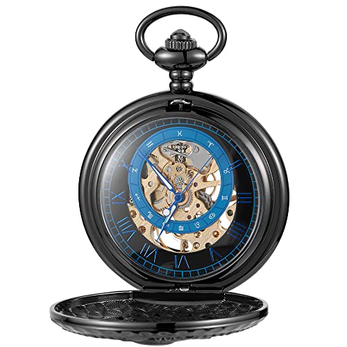 Image of Black and Silver Roman Numeral Dial Mens Mechanical Moon Phase Design, Moon Sun Pattern Skeleton Mechanical Pocket Watches for Men with Case and Chain - Black