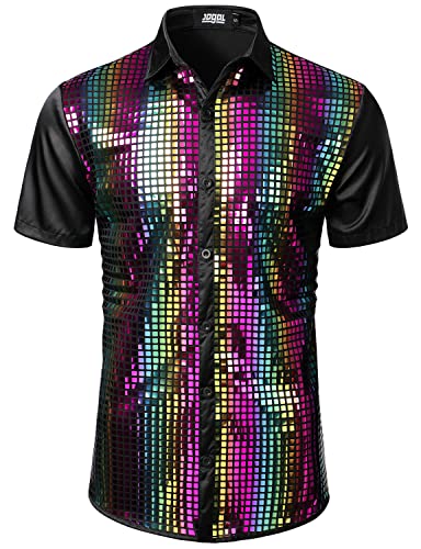 JOGAL Mens Dress Shirt Silver Sequins Short Sleeve Button Down 70s Disco Shirt Party Costume Rainbow XX-Large
