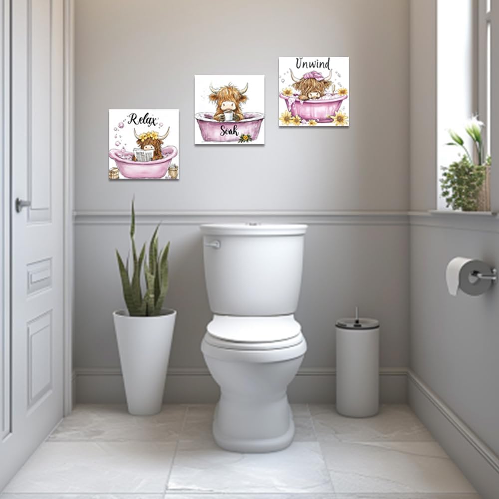 ZQQART 3 PCS Highland Cow Bathroom Wall Art Cute Calf in Bathtub Picture Toilet Signs Animal Canvas Painting Brown Cattle Wall Decor Frame(Pink,12.00"x12.00"x3Pcs)