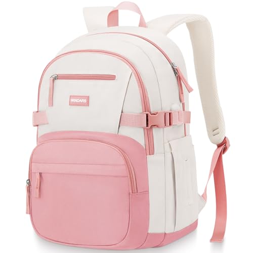 Image of WINDARS Backpack for School Girls, Cute High School Backpacks for Teens Women Student Large Bookbag 15.6 Inch Laptop Bag with USB Charger Port for College Work Travel Trip (Pink Beige)