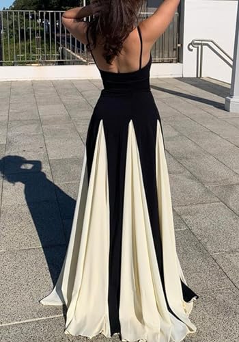 DINGANG Womens Elegant Sleeveless Color Block Long Dress Backless Pleated Patchwork Swing Flowy Maxi Dress3
