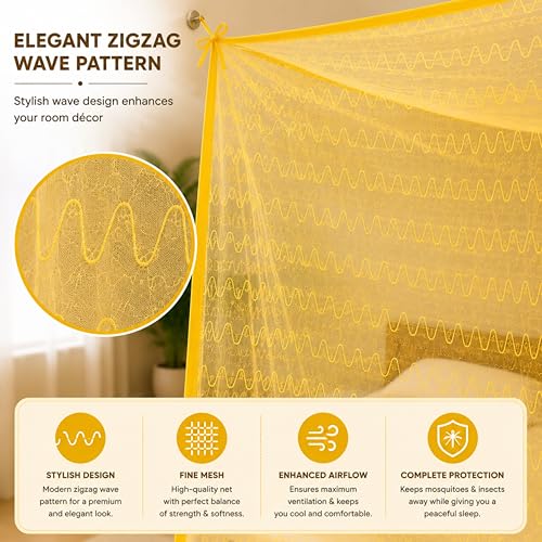 Image of Mosquito Net for King Size Bed & Double Bed (6x7 ft, Wall /Hook Hanging) Poly-Cotton Blend Fabric with Zigzag Wave Line Pattern, Pre-Fitted Bottom & Cotton Ribbon (Honey Yellow)