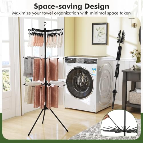 Multigot Folding Laundry Drying Rack - 3-Tier Clothes Airer with 24 Clips, 32 Hanging Rods, Rotatable Arms, and Tripod Stand for Indoor & Outdoor Use - Image 4