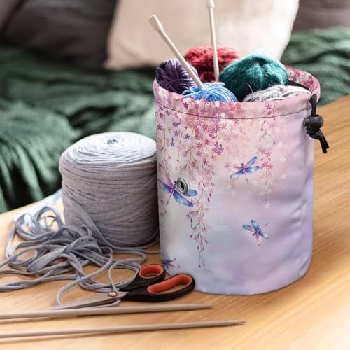 Image of Sellikakes Small Yarn Bag, Dragonfly Cherry Knitting Crochet Bag Organizer, Portable Knitting Bag, Yarn Holder for Crochet Project Knitting & Crochet Needle Accessories