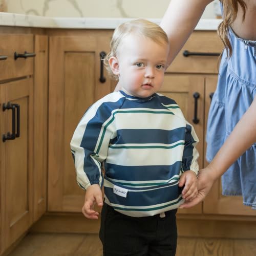 Image of Tiny Twinkle Long Sleeve Bib for Babies & Toddlers | Waterproof Smock Bib for Eating | Machine Washable & Mess-Proof Feeding Essentials | Newborn Shower Gift (Rugby Stripes, 6-24M)