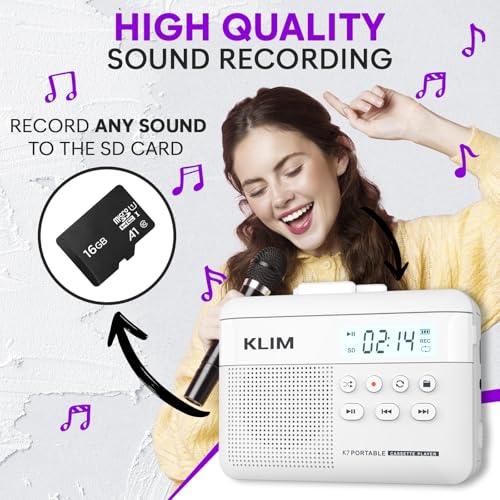KLIM K7 Cassette Tape Player - Cassette to MP3 Converter - Portable - Built-in Microphone & Speaker - Rechargeable Battery - Earphones - 16GB SD Card - White by KLIM - Image 4