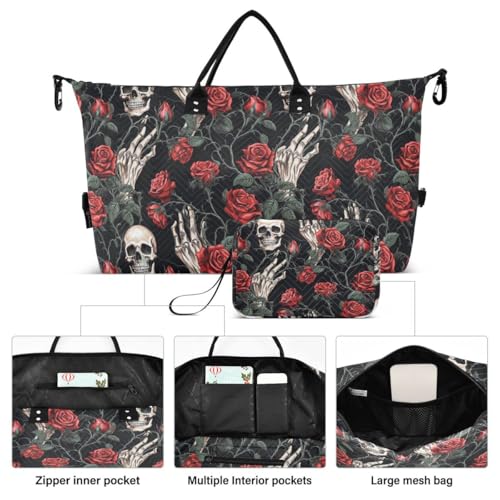 Sugar Skull Hand Rose Flower Black Travel Duffle Bag Gym Bag Weekender Bags with Toiletry Bag Travel Trip Tote Bag2