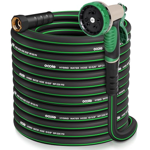 Image of Garden Hose 100 ft x 5 /8 inch with Nozzle, Water Hose Heavy Duty Flexible, Lightweight Kink-less Hybrid Hose with Swivel Handle, Male to Female Fittings (Green, 100FT)