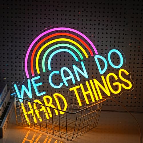 Image of We Can Do Hard Things Neon Sign USB Powered Rainbow Neon Light for Wall Decor Colorful Dimmable LED Light Up Sign for Bedroom Classroom Party Practical Activity Title(16.3 * 12.4In)