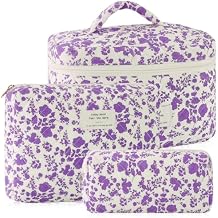 URSKYTOUS 3Pcs Cotton Quilted Makeup Bag for Women Girls Large Small Travel Portable Cosmetic Bag Set Cute Purple Floral Zipper Make Up Pouch Coquette Aesthetic Storage Toiletry Organizer Case