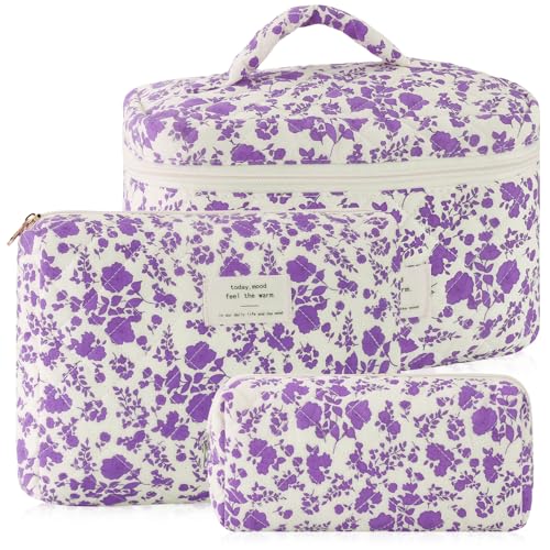 URSKYTOUS 3Pcs Cotton Quilted Makeup Bag for Women Girls Large Small Travel Portable Cosmetic Bag Set Cute Purple Floral Zipper Make Up Pouch Coquette Aesthetic Storage Toiletry Organizer Case