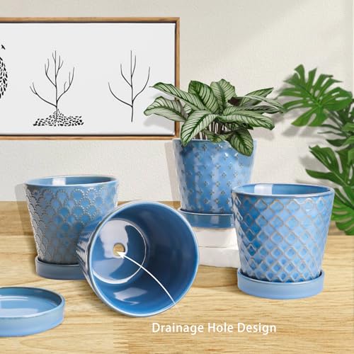 Image of EFISPSS Plant Pots,5 Inch Pots for Indoor Plants,Planters with Drainage Hole and Saucer, Ceramic Flower Pots Desktop Office Windowsill Decoration Gift Set of 4 - Sky Blue