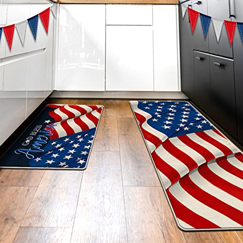 Tailus 4Th Of July God Bless America Patriotic Decorative Kitchen Rugs Set Of 2, American Flag Kitchen Mat Memorial Day Summer Floor Mat Usa Home Decorations - 17X29 And 17X47 Inch #TOP6