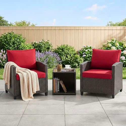 Image of DEVOKO Outdoor Wicker 3-Piece Patio Furniture Set with All-Weather Cushions & Rust Resistant Metal Frame UV-Resistant Furniture Design Perfect for Garden Balcony(Dark Brown & Red)