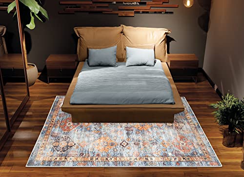 Bloom Rugs Washable Non-Slip 3' X 5' Rug - Blue/Orange Traditional Bordered Area Rug For Living Room, Bedroom, Dining Room, And Kitchen - Exact Size: 3' X 5' #TOP7