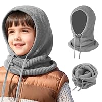 TAGVO 2 in 1 Kids Winter Warm Balaclava Hat, Windproof Knitted Hooded Hat Scarf, One Piece Beanies Caps Neck Warmer, Cozy Soft Pullover Hat Scarves Wraps for Boys Ages 4-10 Grey