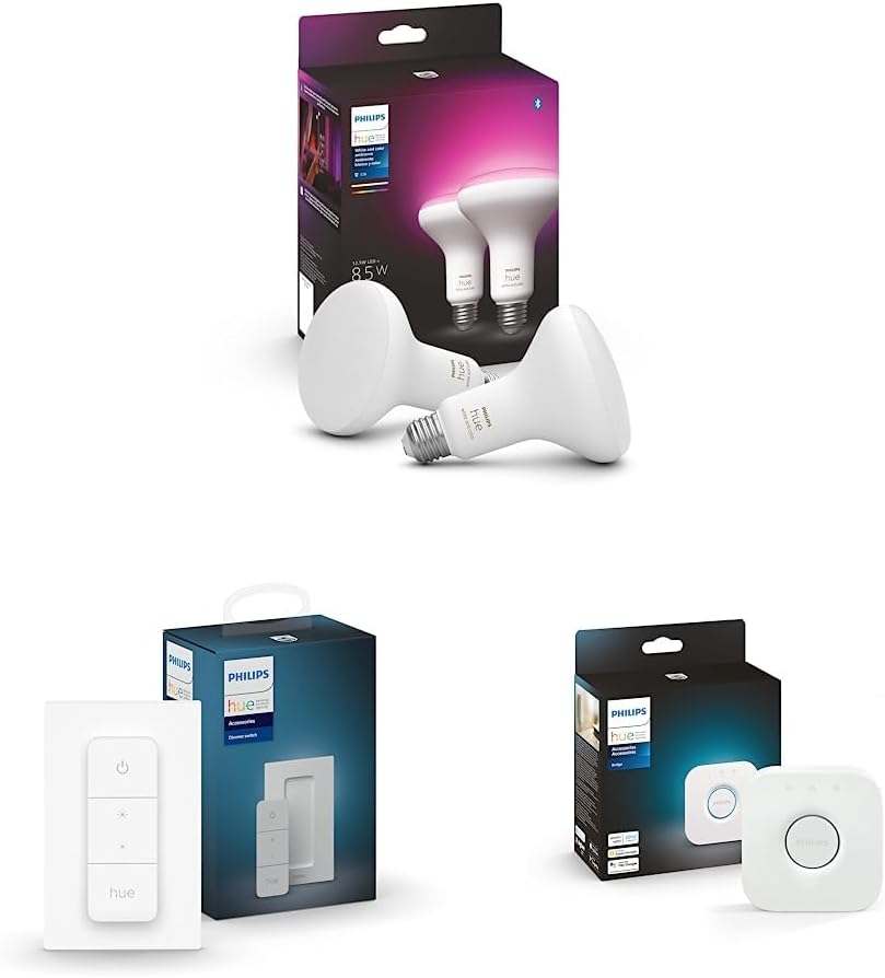 Philips Hue 화이트 & 컬러 앰비언스 BR30 LED 스마트 전구, 전구 2개(578096) 및 스마트 조광기 스위치, 1팩 및 브릿지, 모든 기능 제공 — 사진 1
