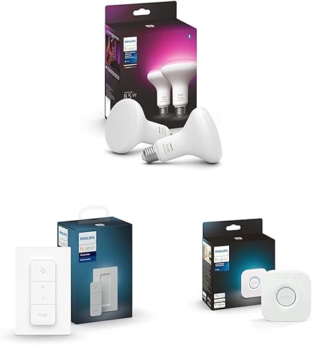 Philips Hue Bombillas inteligentes LED BR30 White & Color Ambiance, 2 bombillas (578096) e interruptor de atenuación inteligente, 1 paquete y
