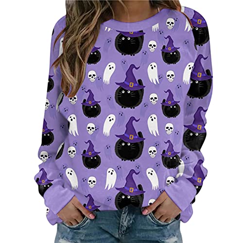 Womens Halloween Pumpkin Sweatshirts Loose Graphic Skull Ghost Cat Print Crewneck Long Sleeve Casual Pullover Shirt Tops (Purple Ghost, X-Large)