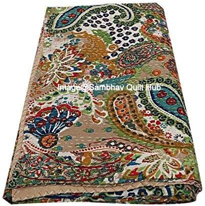 Queen/Twin/King Quilting Indian Handmade Paisley Print Kantha Quilt Cotton Kantha Blanket Bed Cover Sofa Cover Kantha Bedspread Bohemian Bedding (60X90 inch)
