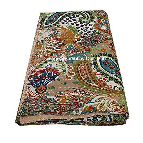 Colcha reversible con estampado de paisaje, tamaño King, tamaño doble, diseño de Gudri Kantha, tamaño doble, estampado floral y paisano, funda de sofá de punto kantha (beige, King 90108 pulgadas)