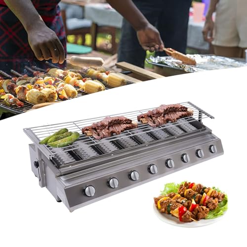 MINHUIJIHUI Asador LPG Barbacoa De Gas 4/8 Quemadores, Rejilla Acero Inoxidable Altura 0-9cm, Bandeja Aceite Deslizable, Sistema Sin Humo para Balcón Camping