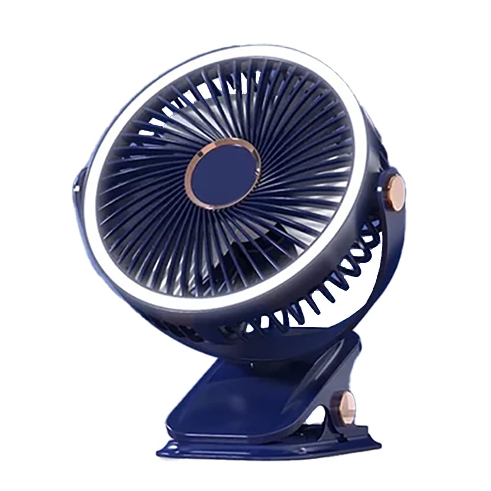 ANIROY Clip Fan, Portable USB Table Fan with 1200mAH Battery, Quiet Camping Fan, 5 Wind Speeds and 3 Lights, for Office, Bedroom, Party (Blue)