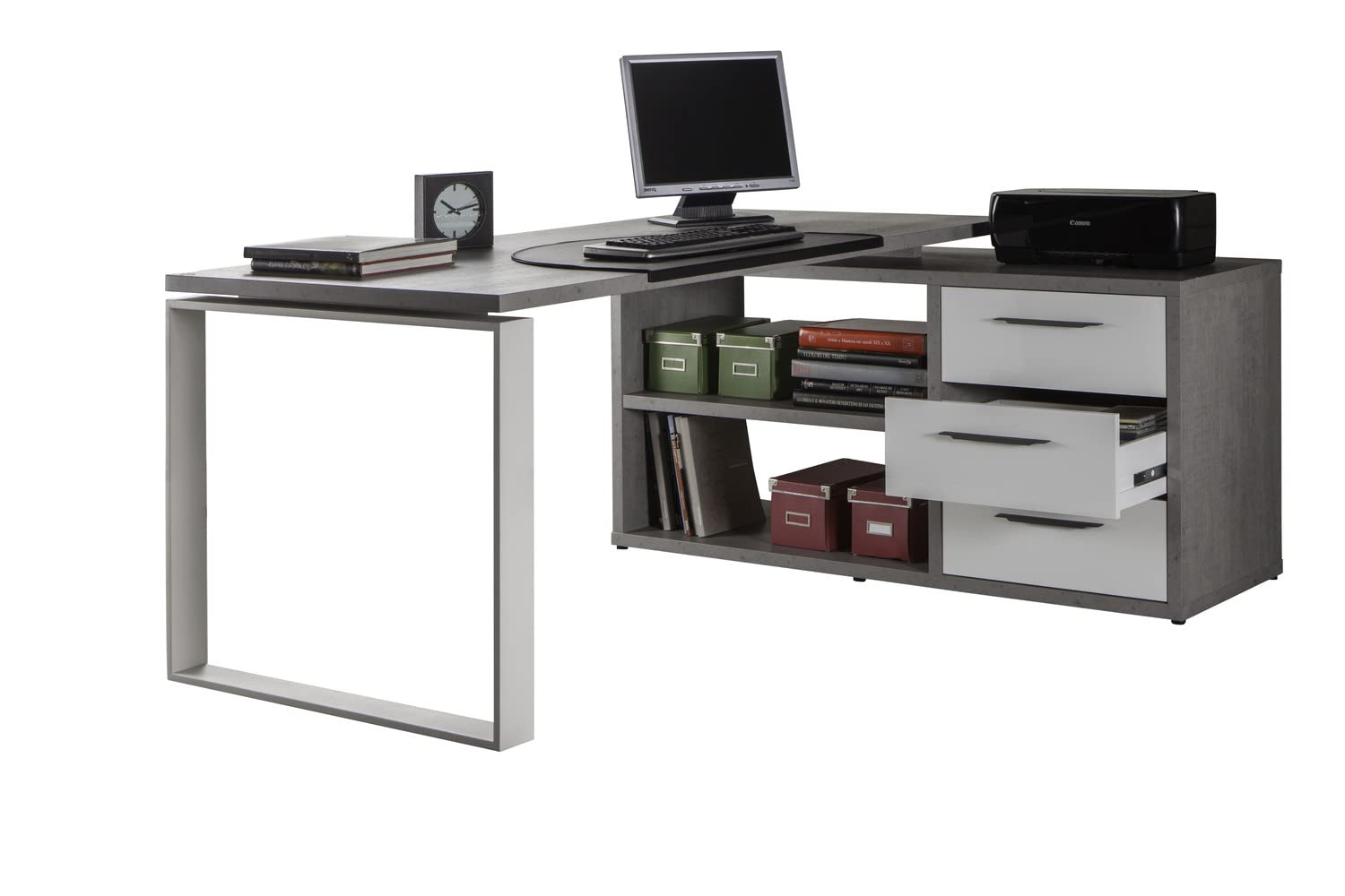 Composad | Scrivania della Linea DISEGNO con 3 Cassetti e 2 Vani, Scrivania Angolare con Cassetti e Libreria, (LxAxP) 170x75x140 cm, Colore Cemento e Bianco Laccato, Made in Italy