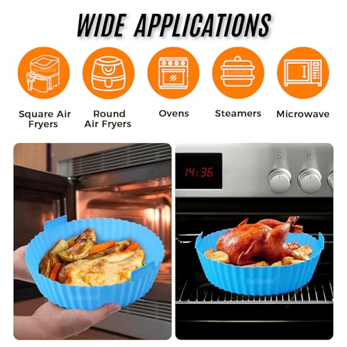 Image of Solitude 2 Pcs Air Fryer Liners I Round Silicone Basket Baking Tray I Pot with Ear Handles I Nonstick Reusable Heat Resistant I Cooking Oven Insert Accessories - Multicolor (8 Inch)