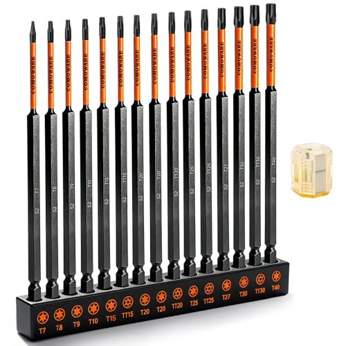 Torx Bit Set Lang COMOWARE 16-tlg. 150mm-Lang Torx mit Loch Set (T5-T40 TT15-TT30) Lange Bitsatz S2 Stahl Bitsatz Lang Magnetische Spitze mit Magnet Ring Small Werkzeug Set