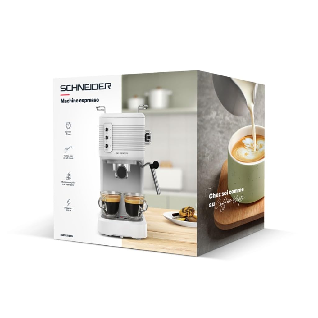 Schneider SCES2312WH Cafetera Espresso, 15 Bares, 1100W, Diseño Retro, 1,2L, Color Blanco