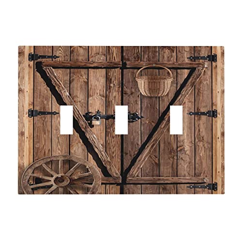Rustic Barn Faceplate Switchplate Farm House Door Decorative 3 Gang Triple Toggle Light Switch Wall Plate Cover Wooden Barn Door Rod Pocket Kitchen Country Vintage Garage Cabin Decorate
