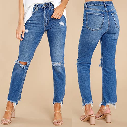 tuduoms Ripped Capri Jeans for Women Loose Boyfriend Denim Jeans Straight Leg Stretchy Distressed Skinny Raw Hem Jean Pants2