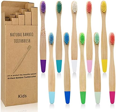 ANXUN Kids Bamboo Toothbrushes 10 Pack, Children Toothbrush Colorful Soft Bristles, Wooden Handle Tooth Brush (Assorted Colors 10 Pack)