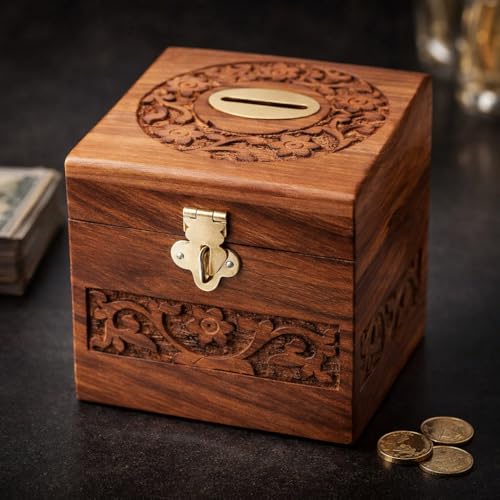 Image of Wooden Money Bank for Kids Natural Wood Coin Saving Box Square Shape 4x4x4 inch Childrens Piggy Bank Gift Idea for Boys and Girls. with Lock