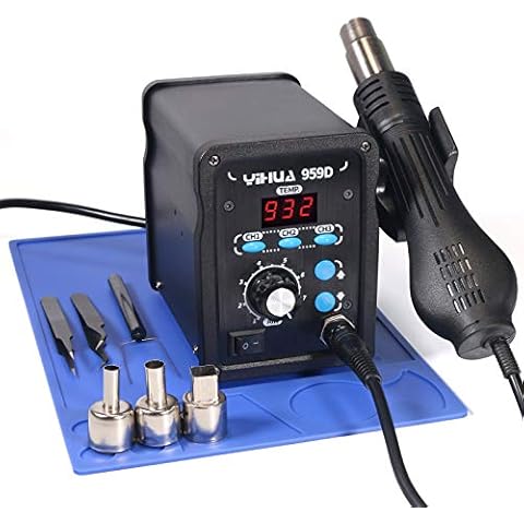 YIHUA 959D-Digital Hot Air Rework Station, High Power with 3 Memories, Airflow Efficiency, °F /°C Display, Accurate Temp.(212°F~932°F), Brushed Aluminum Panel & Safety Features Cover