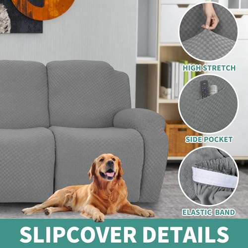 Image of YEMYHOM 4 Pieces Oversized Stretch Recliner Slipcover Jacquard Large Recliner Chair Cover with Side Pocket Anti-Slip Furniture Protector with Elastic Bottom (X-Large Recliner, Light Gray)