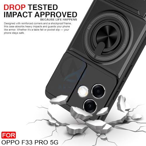 Image of AESTMO Oppo F33 Pro 5G Back Cover | Armor Camera Slider 360 Degree Rotating Finger Ring Holder Case with Bracket Stand Back Case Cover (Compatible with MagSafe Accessories) (Black)