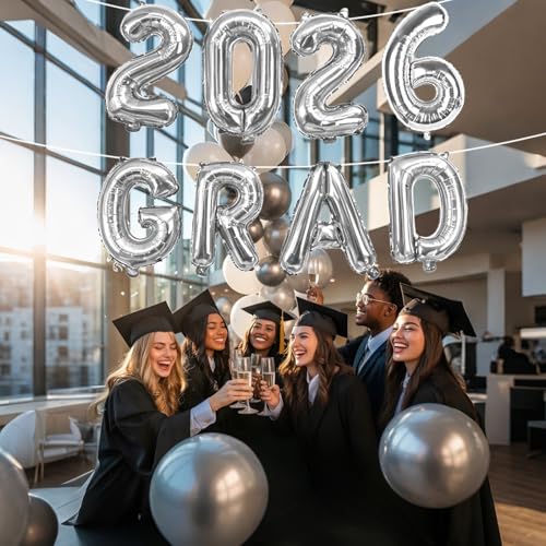 Image of Silver 2026 GRAD Foil Balloons, 16 Inch Metallic Silver Grad Congrats Balloons Banner for Graduation Decorations 2026, College High School Class of 2026 Graduate Congratulations Party Decor Supplies