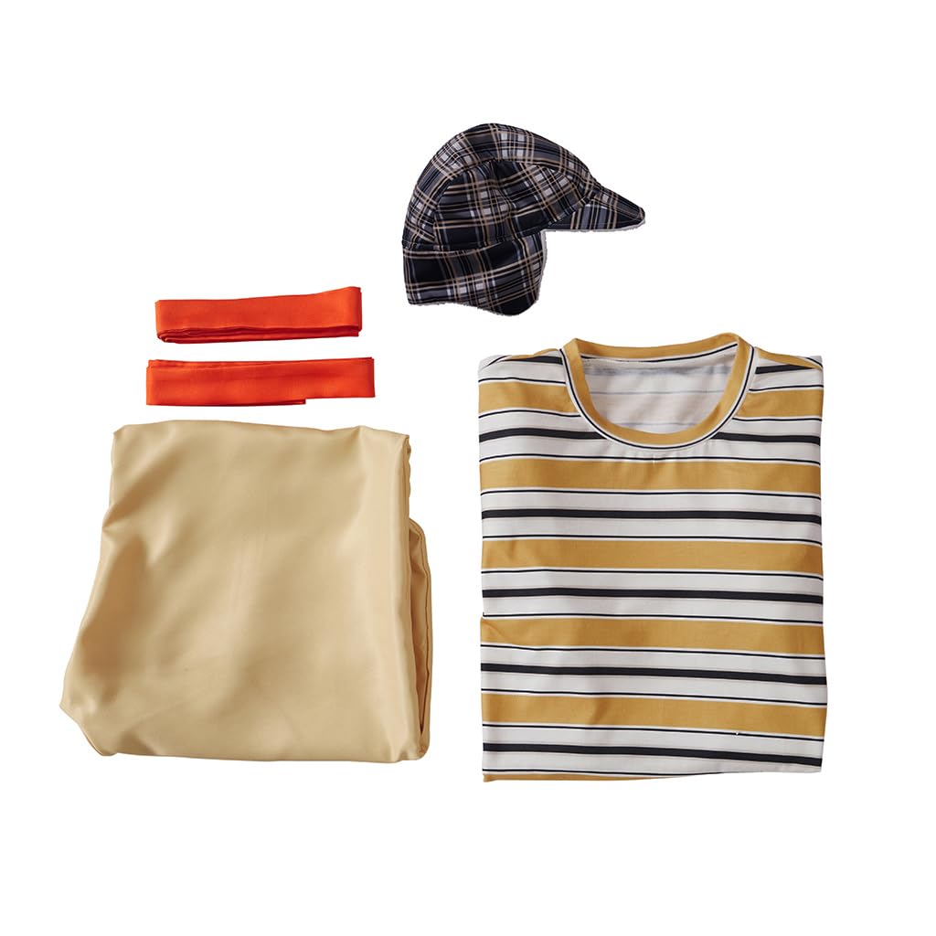 El Chavo Kostüm Herren Chavo Cosplay Gestreiftes T-Shirt Strapshose Hut Outfit Halloween Dress Up Set